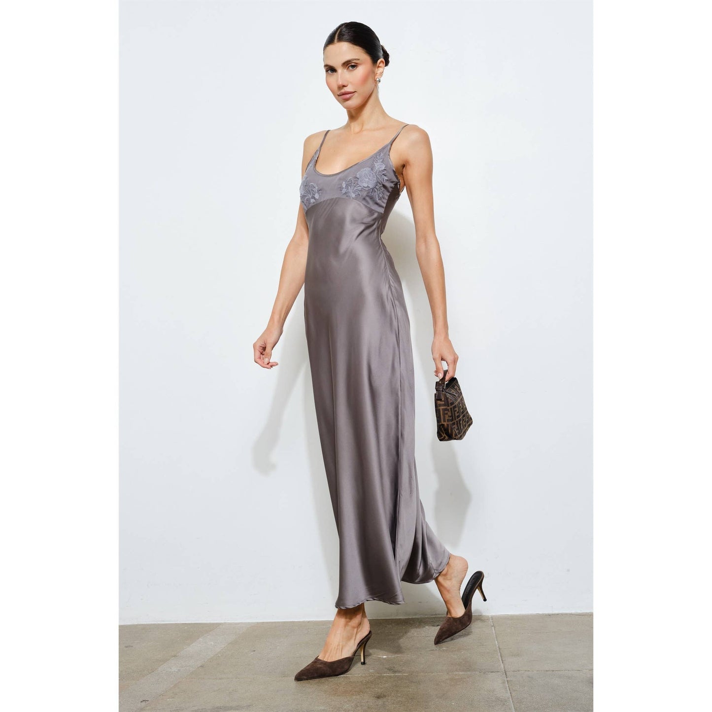 The Clarisse Embroidered Satin Slip Dress
