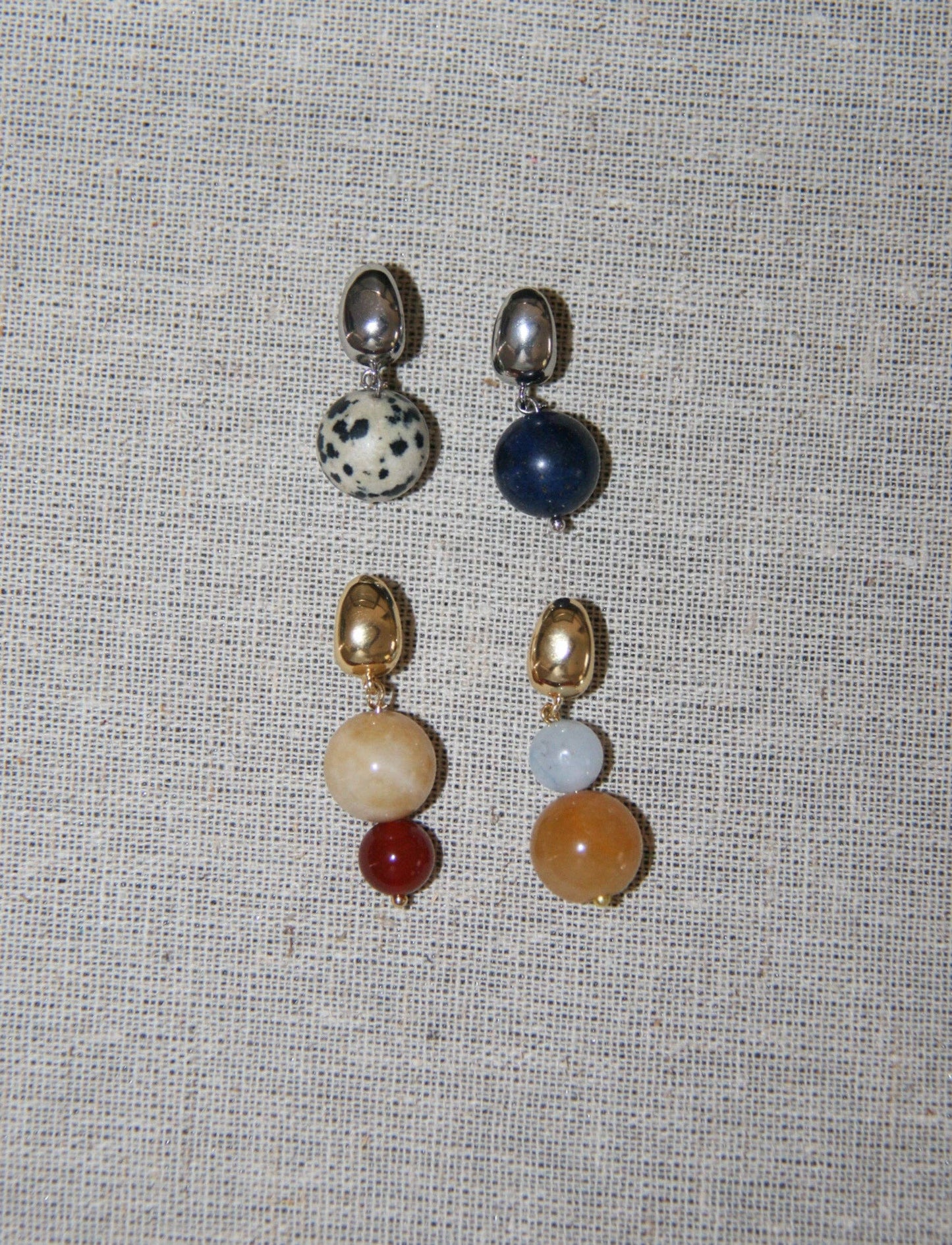 The Stevie Mismatch Gemstone Dangle Earrings in Gold/Yellow Topaz, Carnelian, Blue Agate