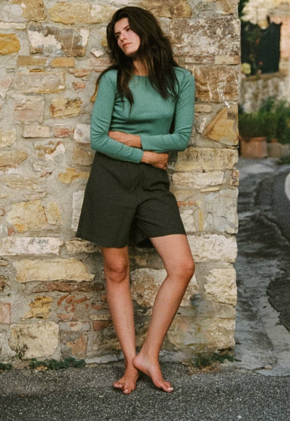 Linen Simple Short in Olive Stripe