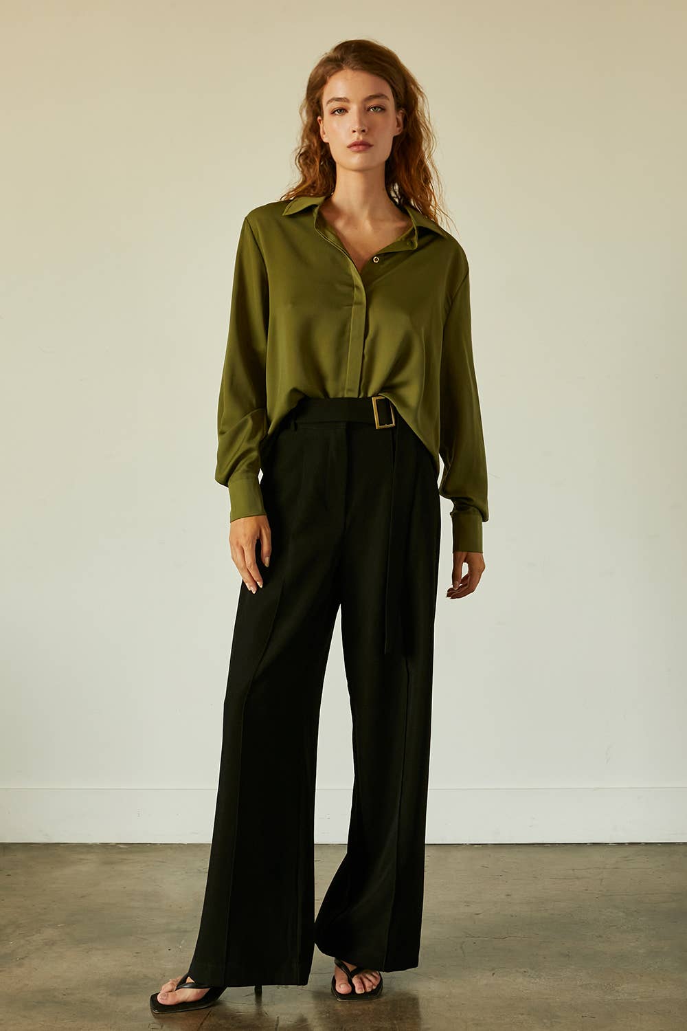 The Ava Open Back Satin Shirt in Olive