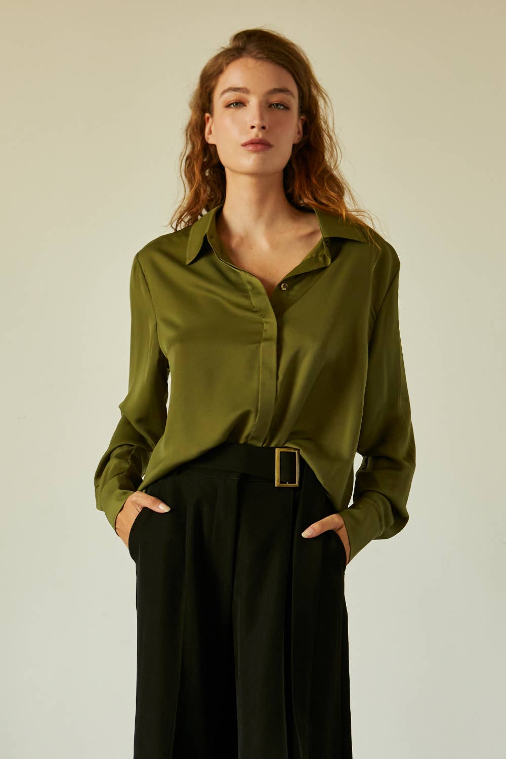 The Ava Open Back Satin Shirt in Olive