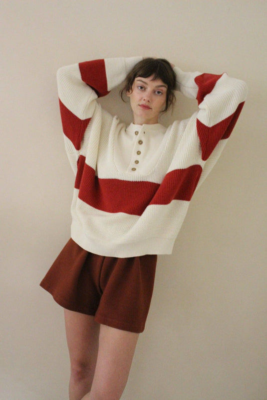 Bud Pima Cotton Striped Henley in Ivory & Cardinal Stripe