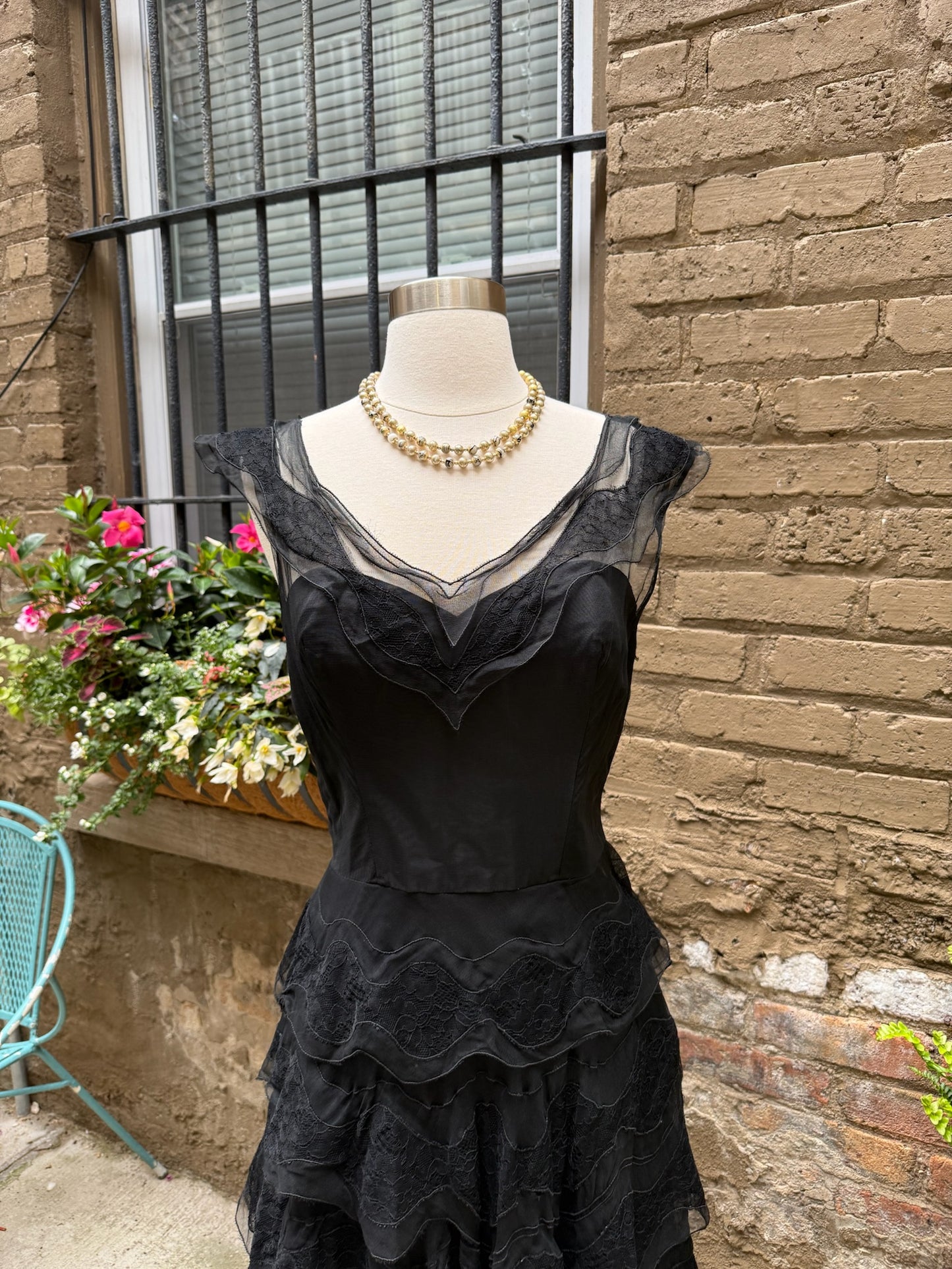1950s Black Tiered Lace Chiffon Tulle Gown