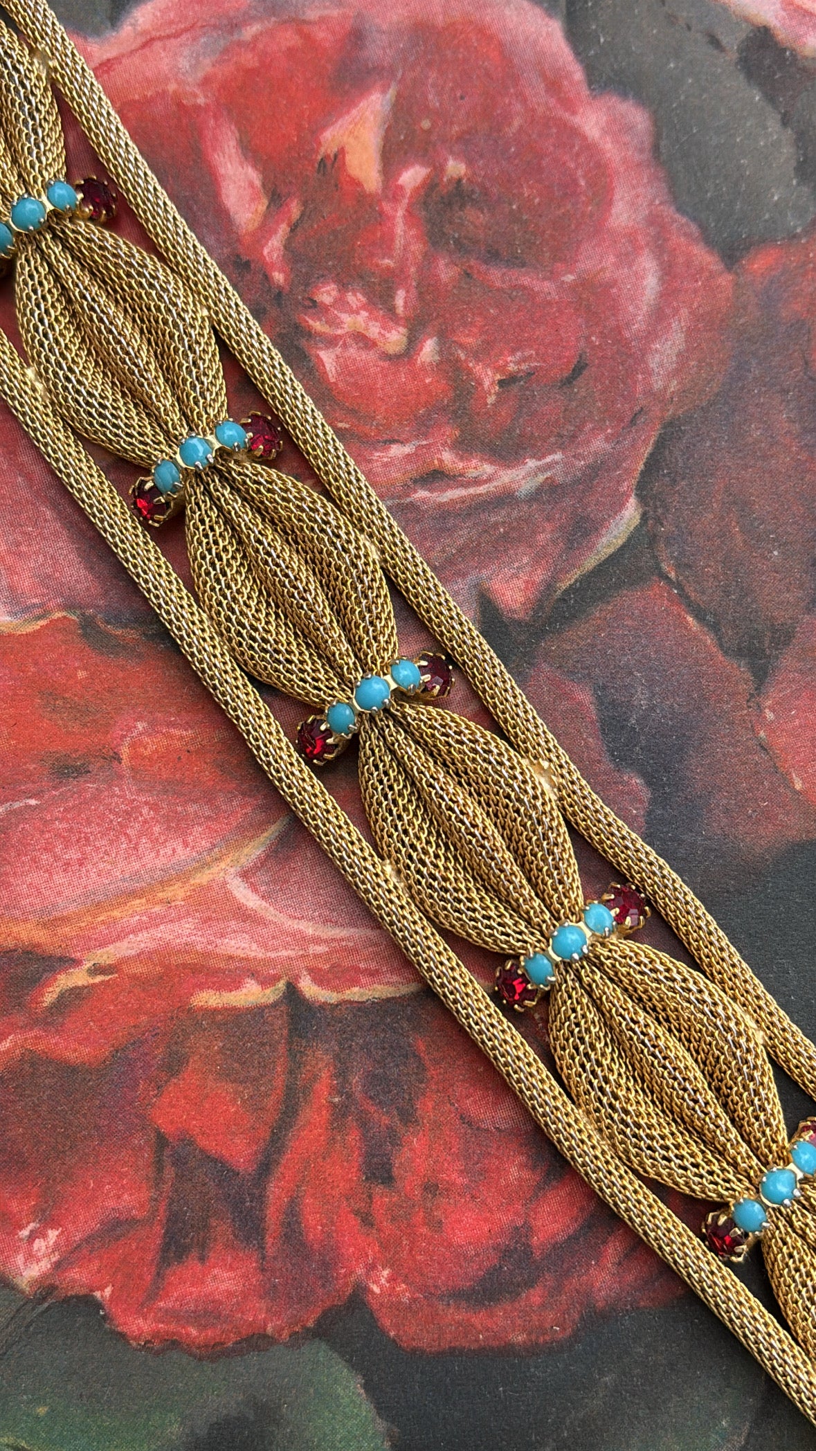Gold Mesh Metal with Blue & Red Stone Costume Jewelry Bracelet