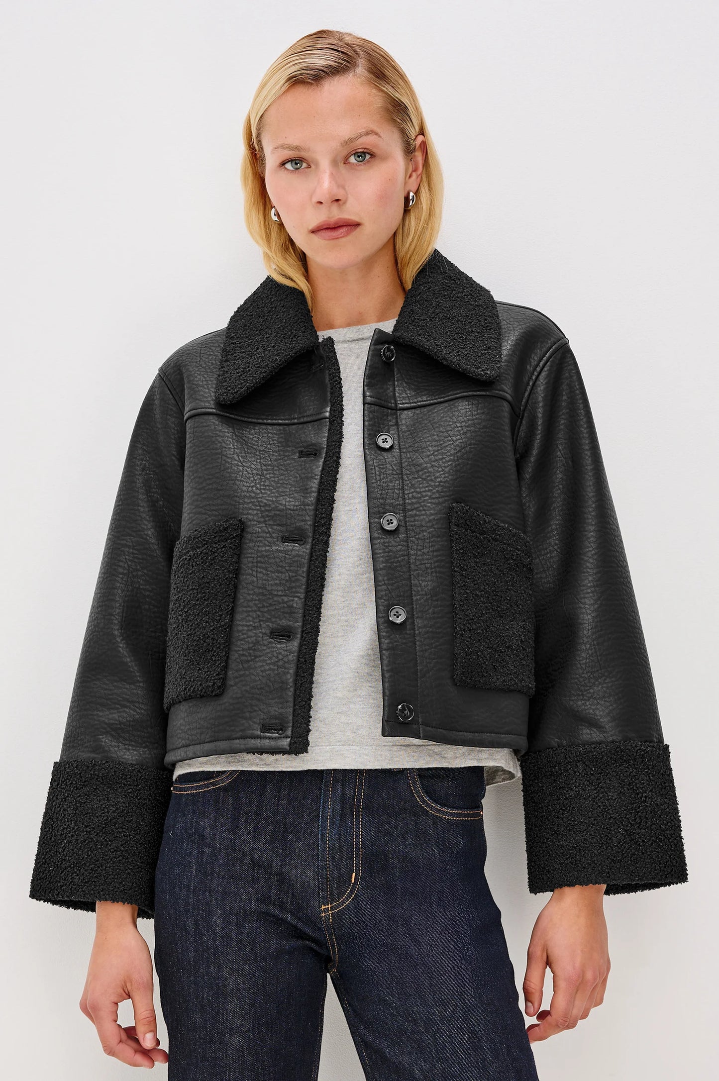 The Dria Jacket in Black Shearling by Rails