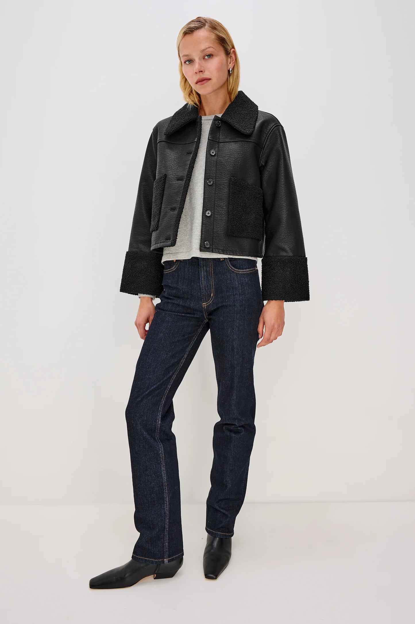 The Dria Jacket in Black Shearling by Rails