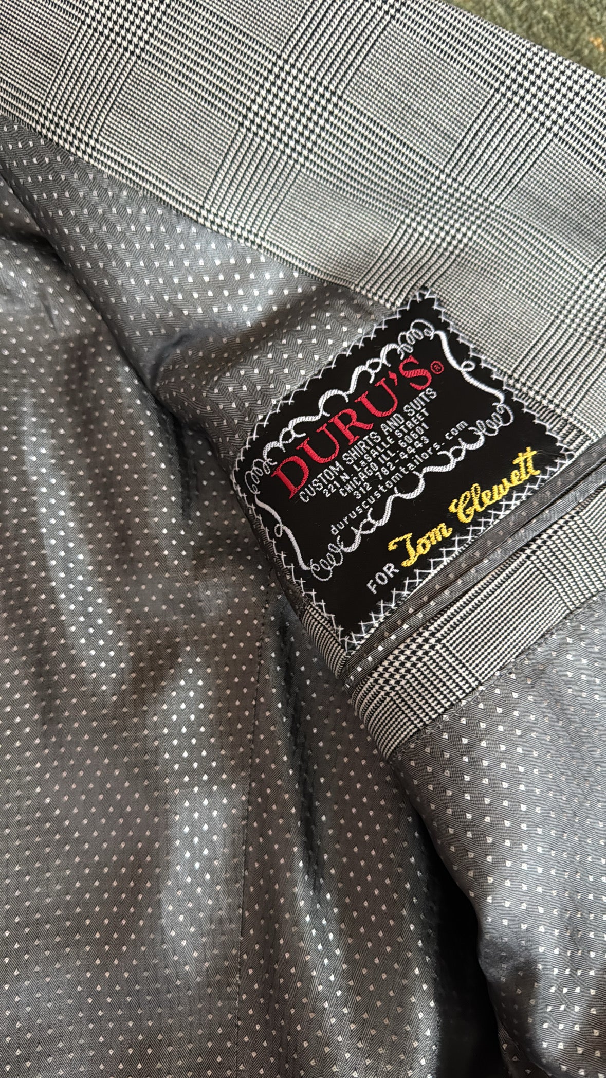 Polka dotted lining vintage checkerboard suit with tag from Duru's Custom Suits from Chicago vintage store.
