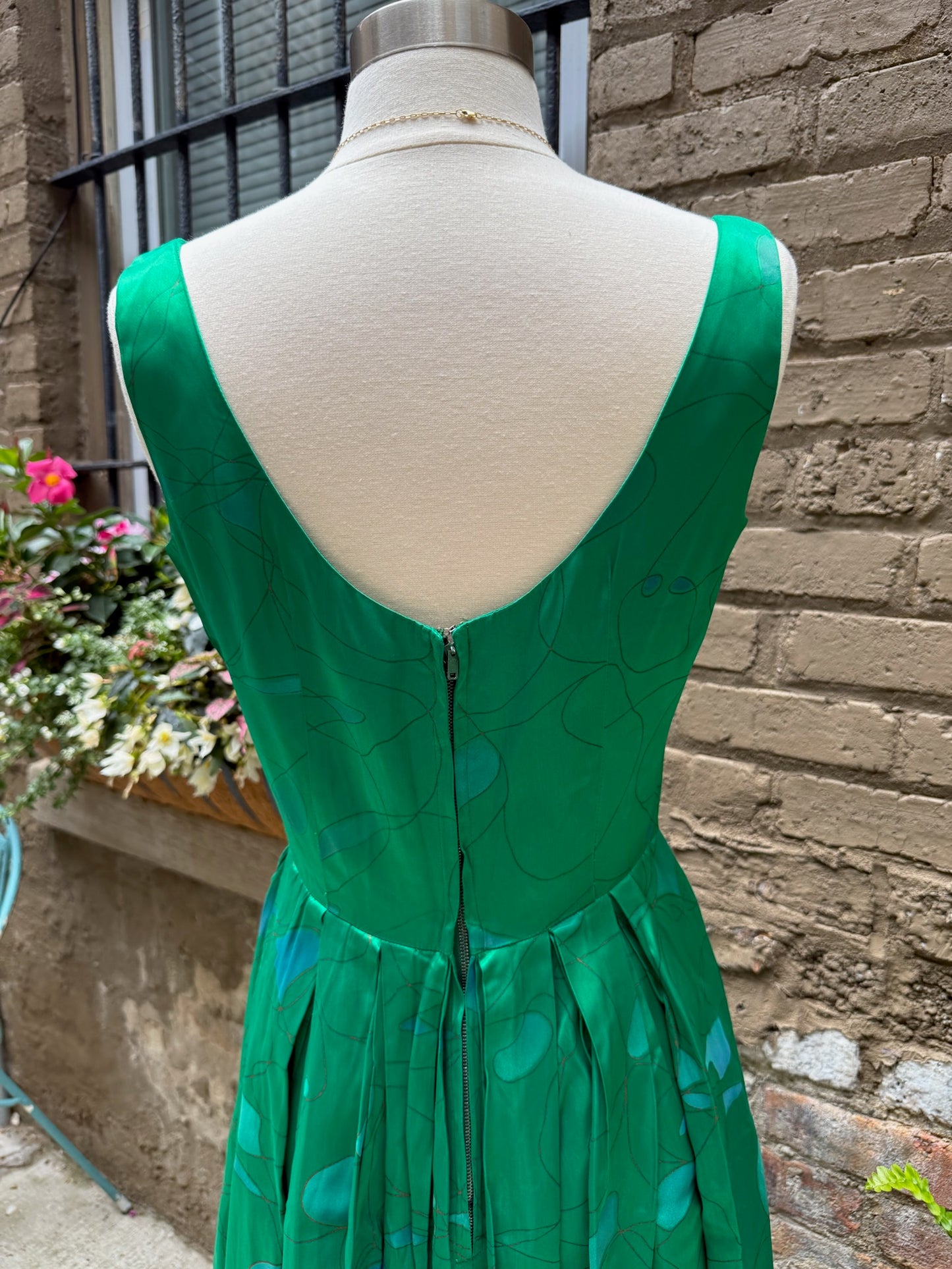 1950s Julie Miller Emerald Painted Satin Dress