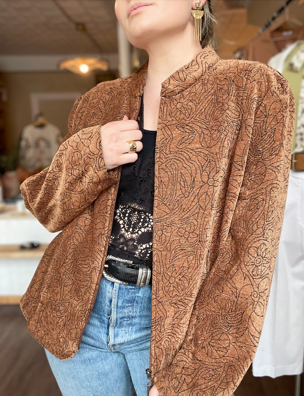 Vintage Burnt Orange and Black Floral Zip Up