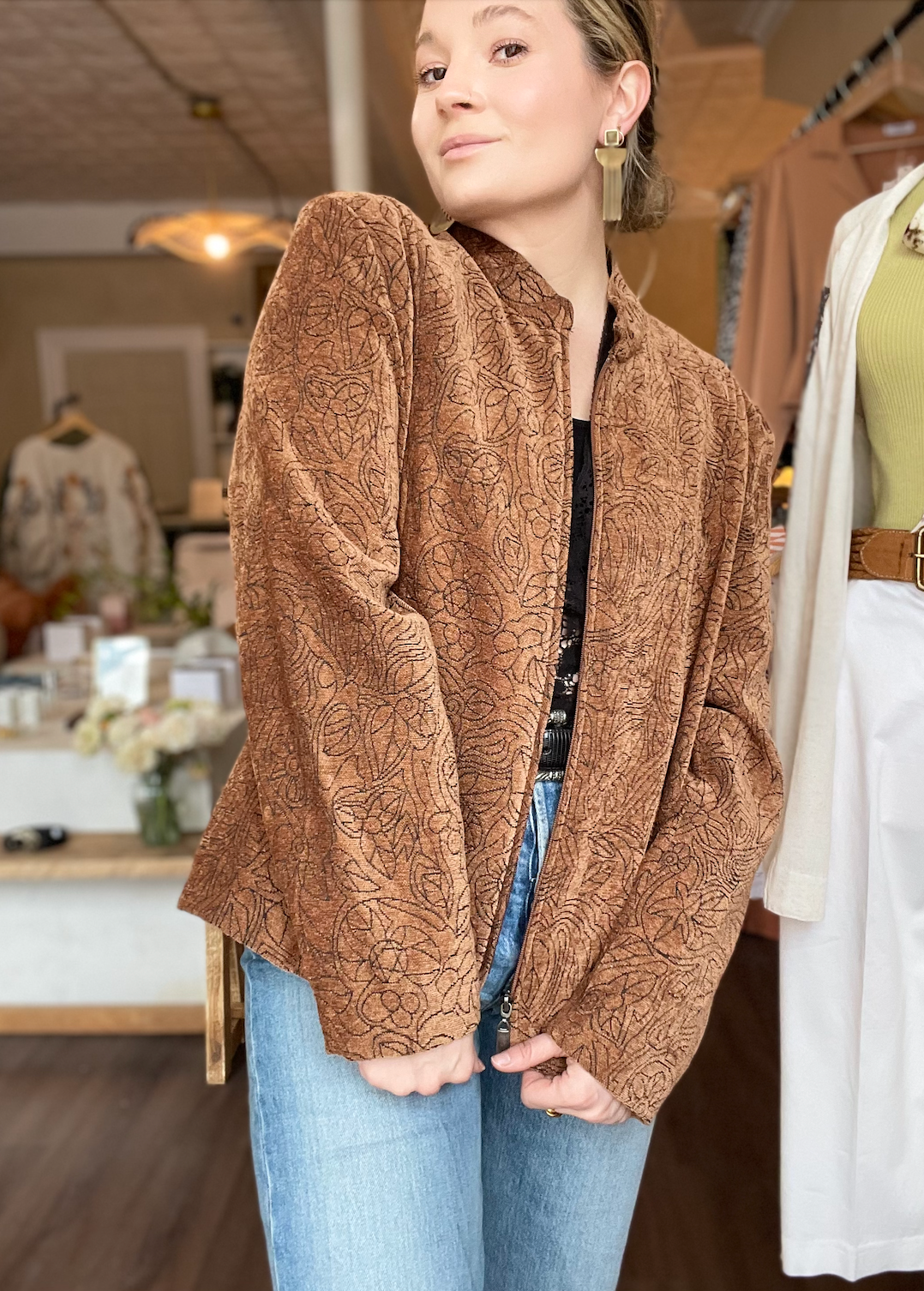 Vintage Burnt Orange and Black Floral Zip Up