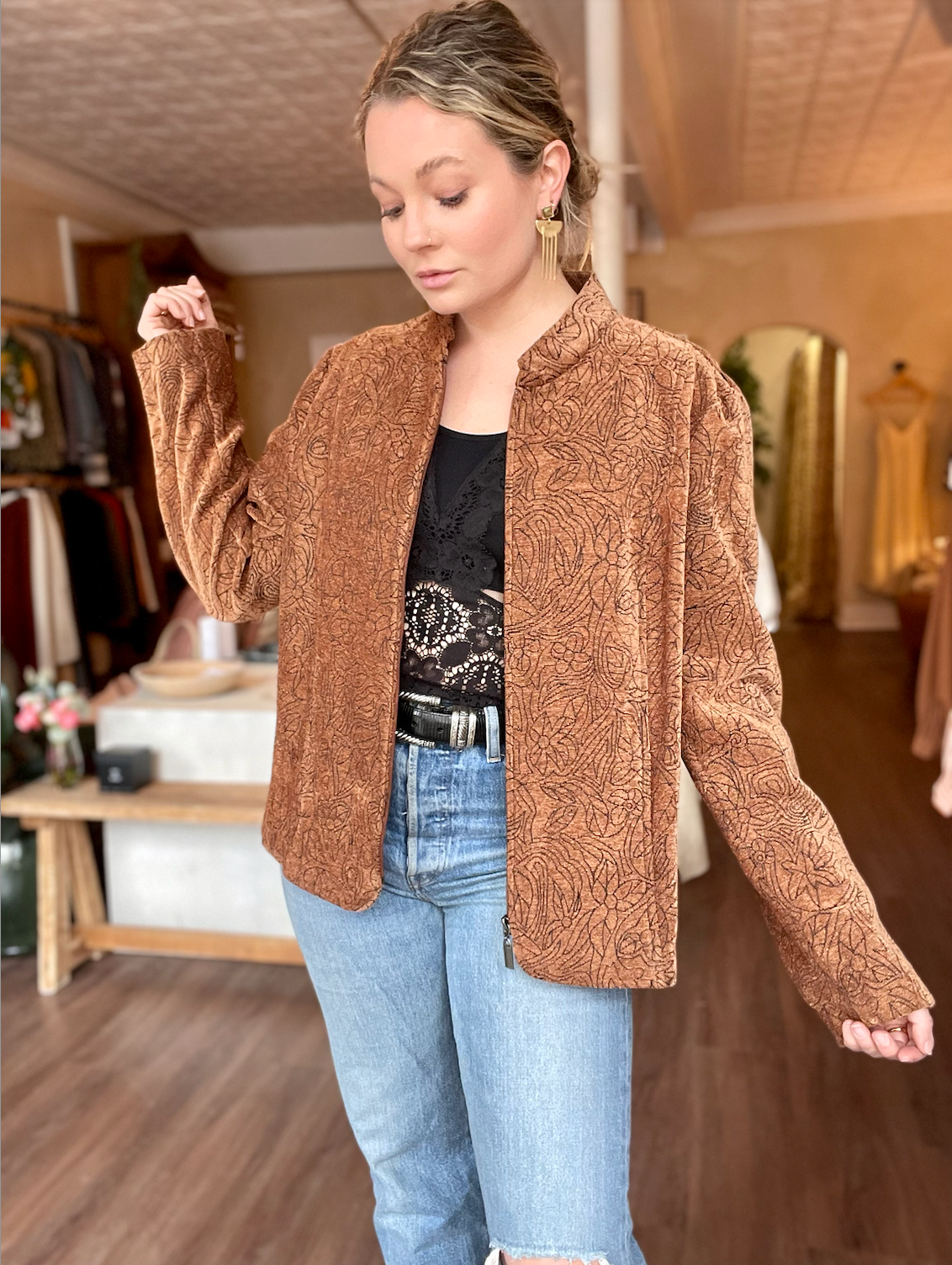 Vintage Burnt Orange and Black Floral Zip Up