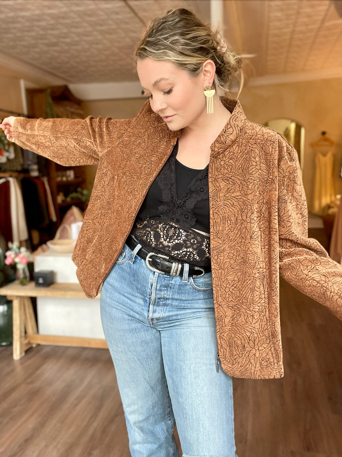 Vintage Burnt Orange and Black Floral Zip Up
