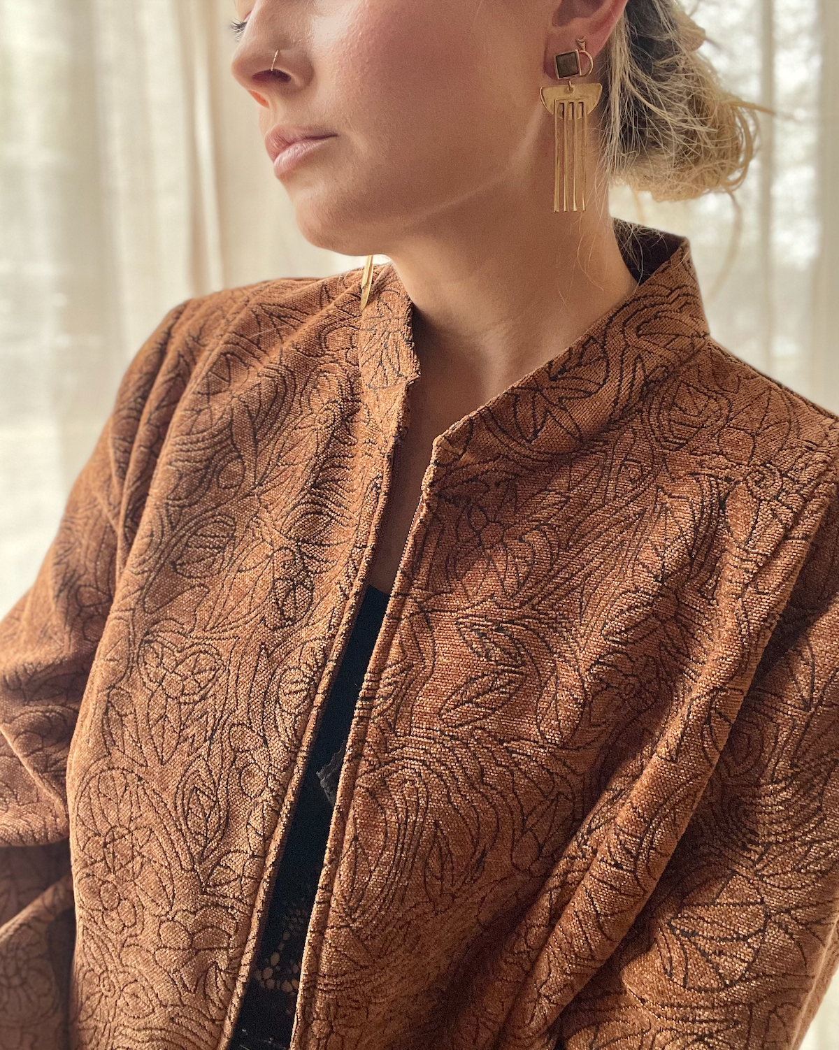 Vintage Burnt Orange and Black Floral Zip Up