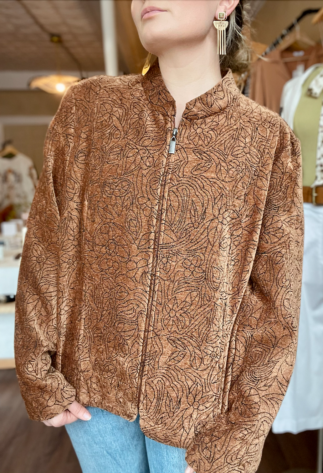 Vintage Burnt Orange and Black Floral Zip Up