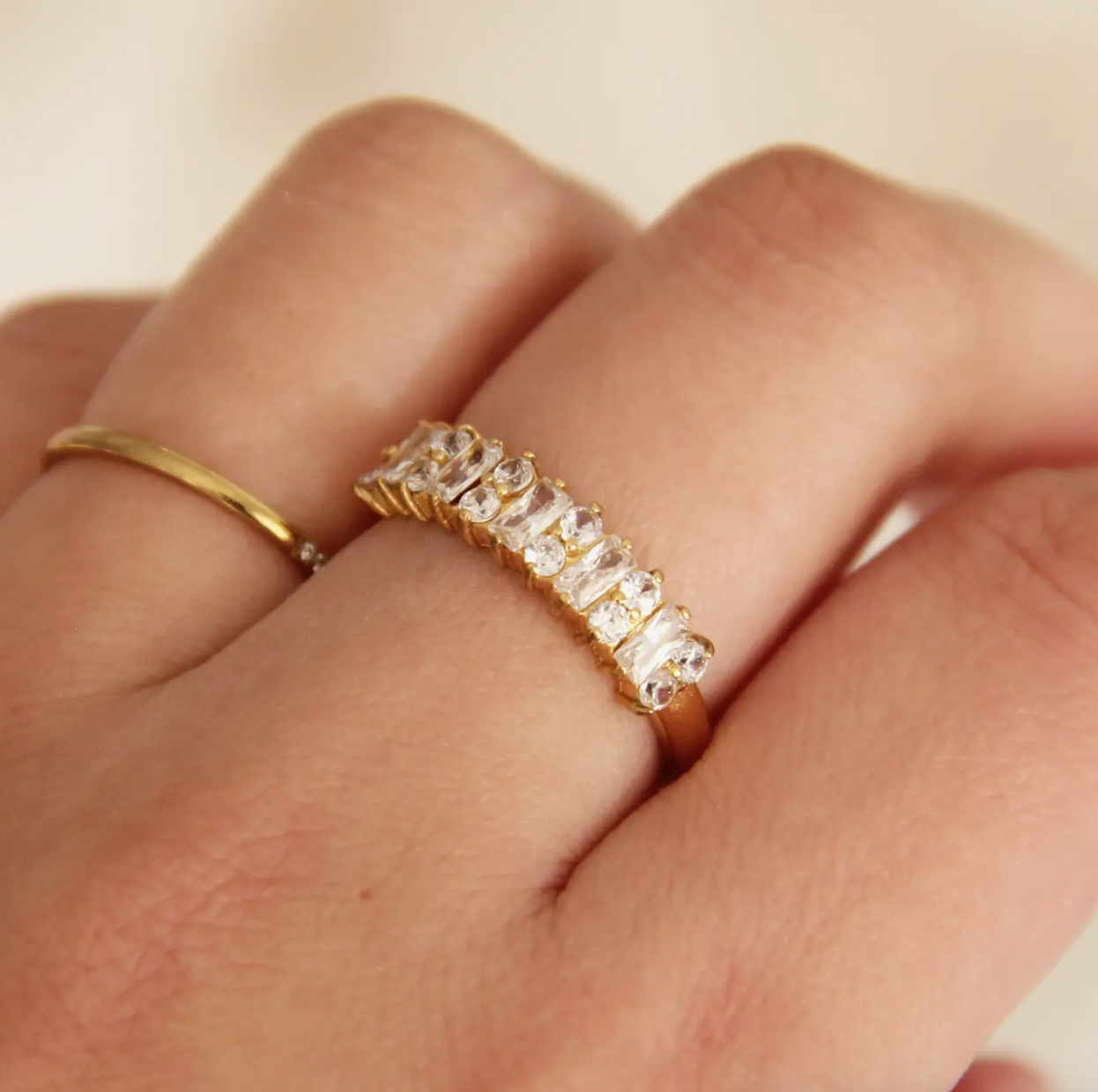 The Baguette and Round CZ Wide Band Ring