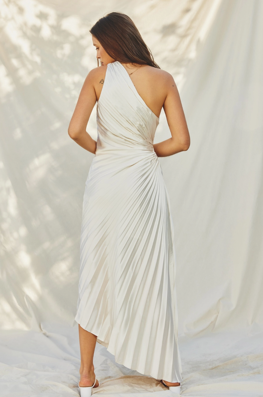 The Audrey Asymmetrical Pleated Maxi Dress in Pearl