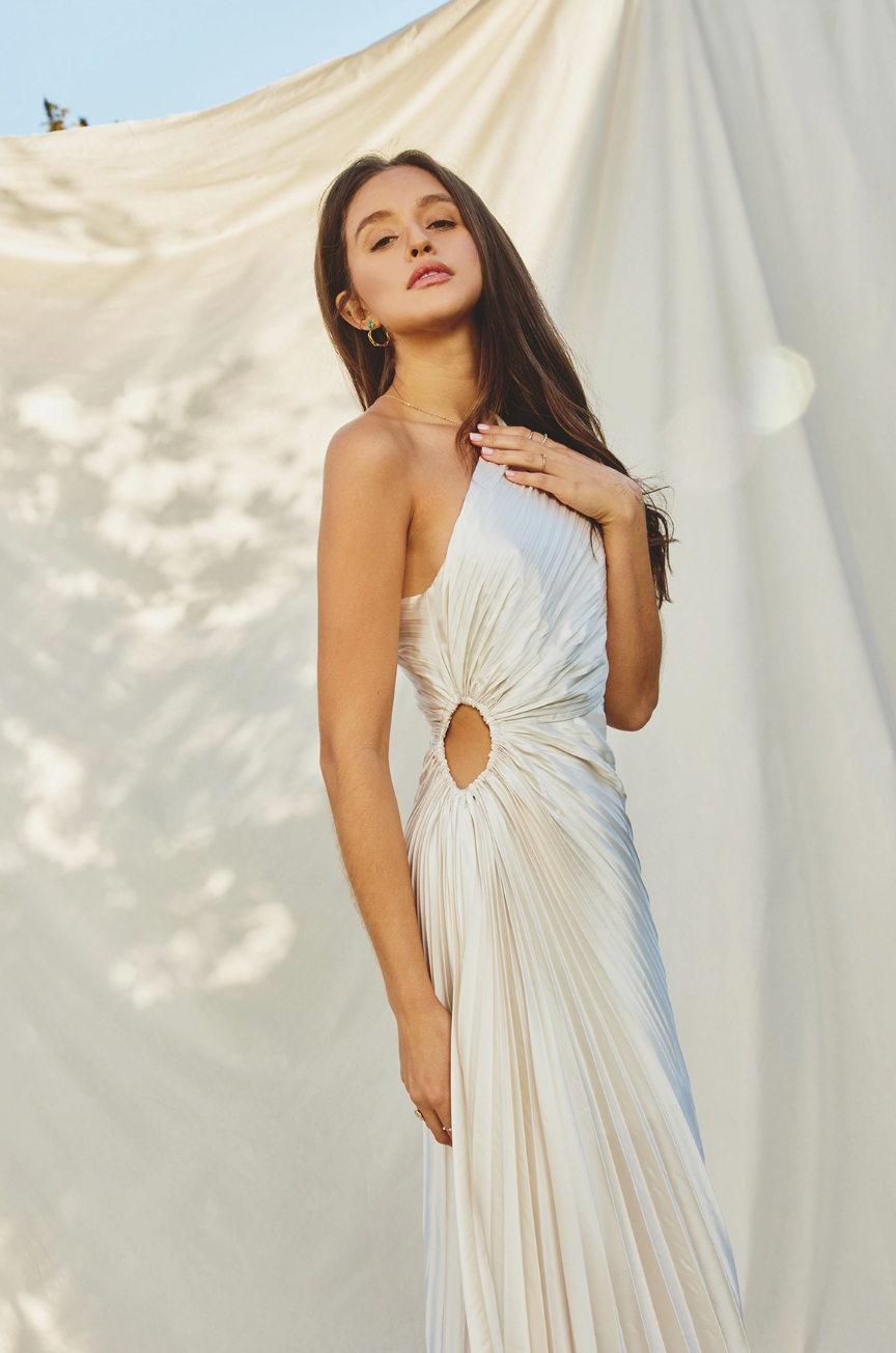 The Audrey Asymmetrical Pleated Maxi Dress in Pearl