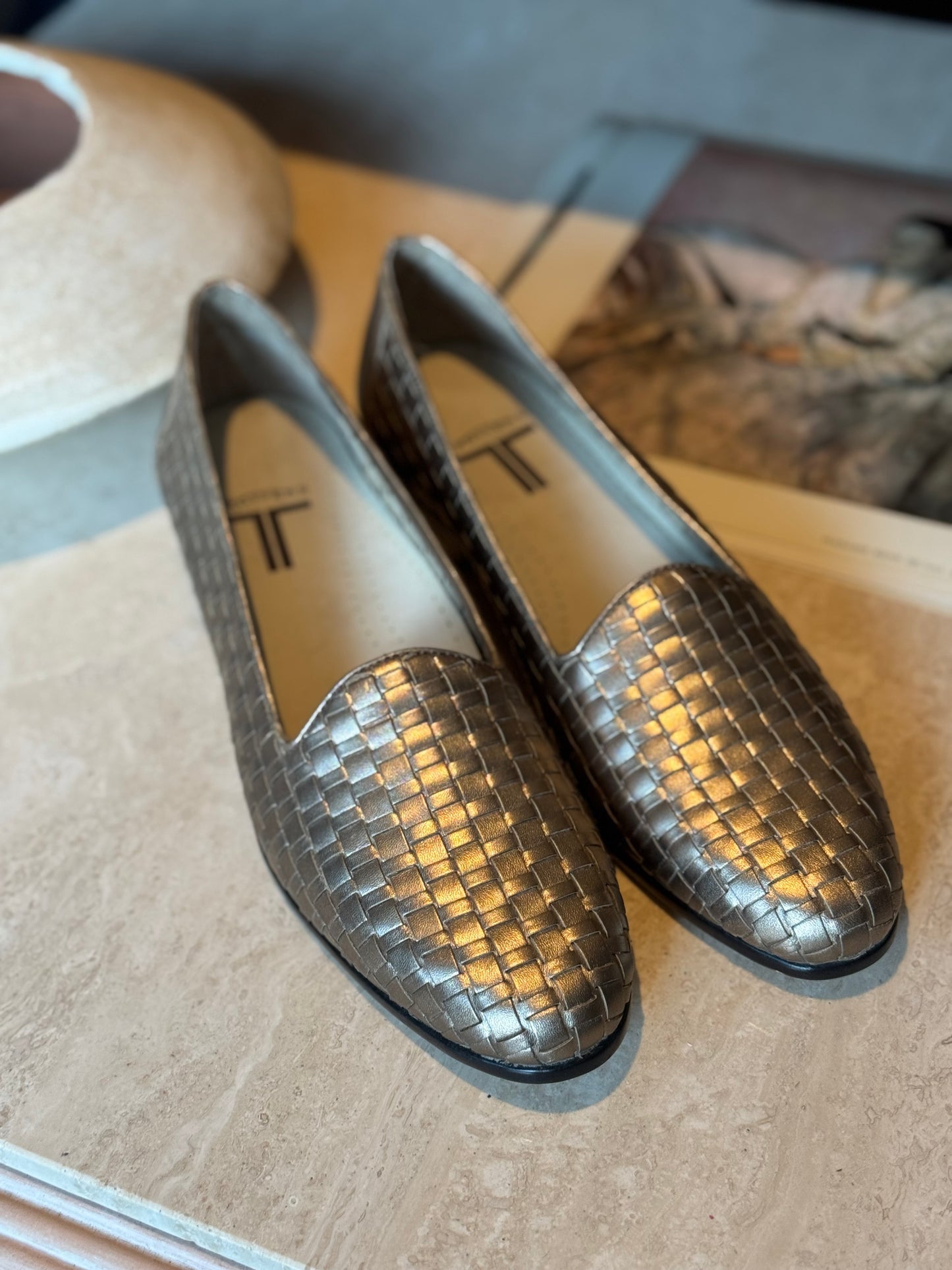 Unique Trotters Metallic woven loafers for women from Chicago vintage boutique in West Town.