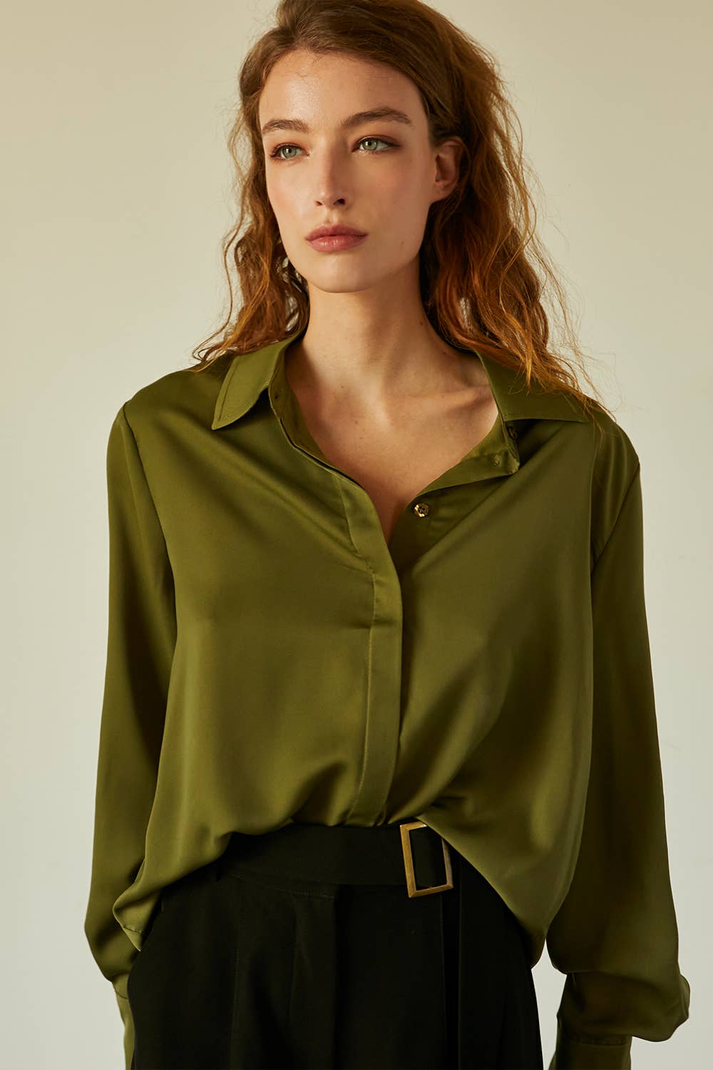 The Ava Open Back Satin Shirt in Olive