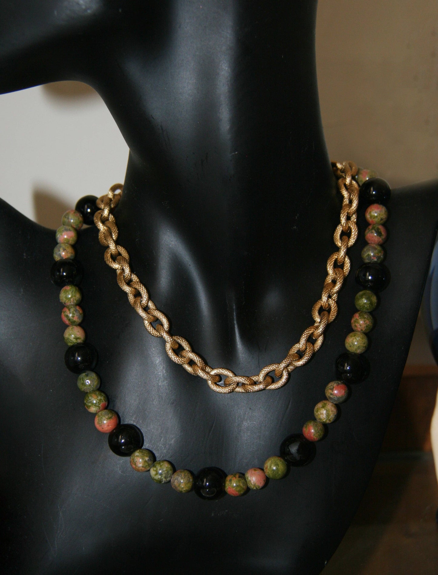 The Rumi Unakite Onyx Beaded Necklace with Gold-Filled Clasp 15"