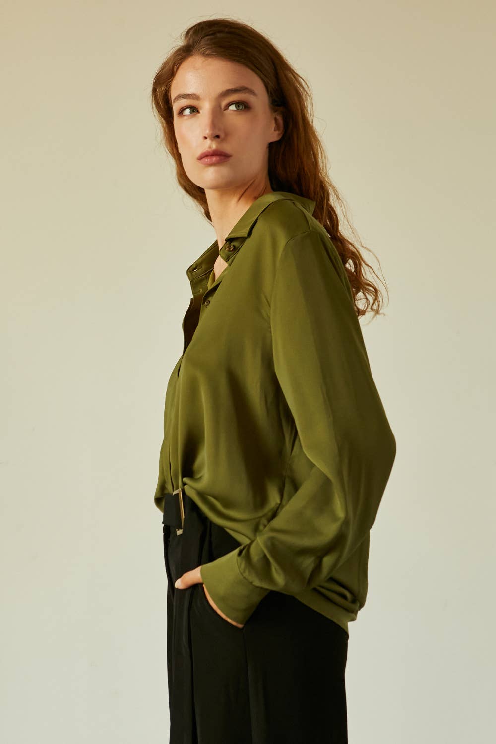 The Ava Open Back Satin Shirt in Olive