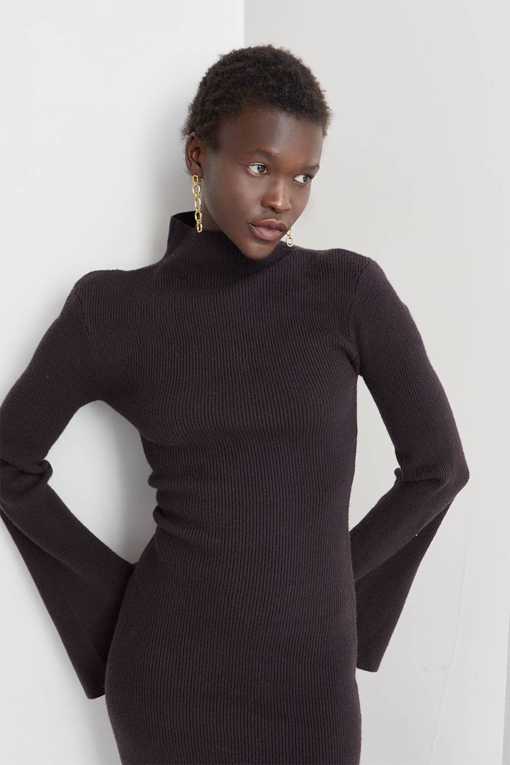 The Hayden Mock Neck Ribbed Maxi Dress in Plum