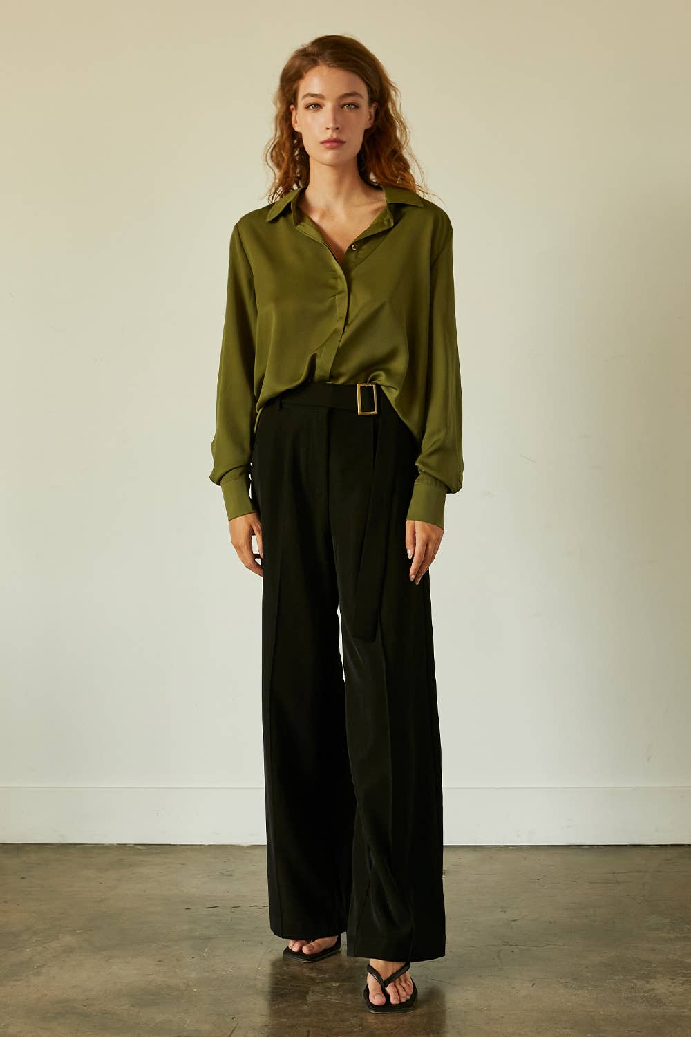The Ava Open Back Satin Shirt in Olive