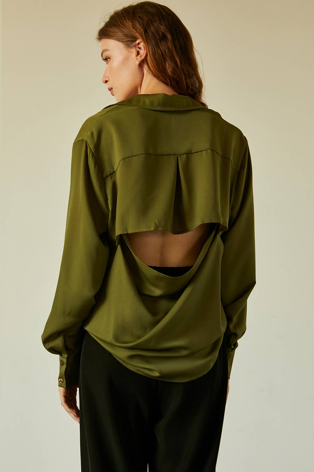 The Ava Open Back Satin Shirt in Olive
