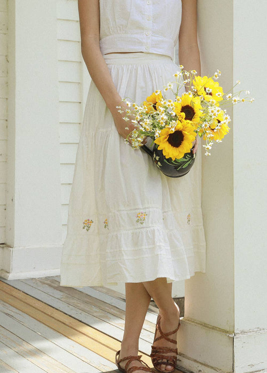 The Camille White Cotton Embroidered Flared Midi Skirt