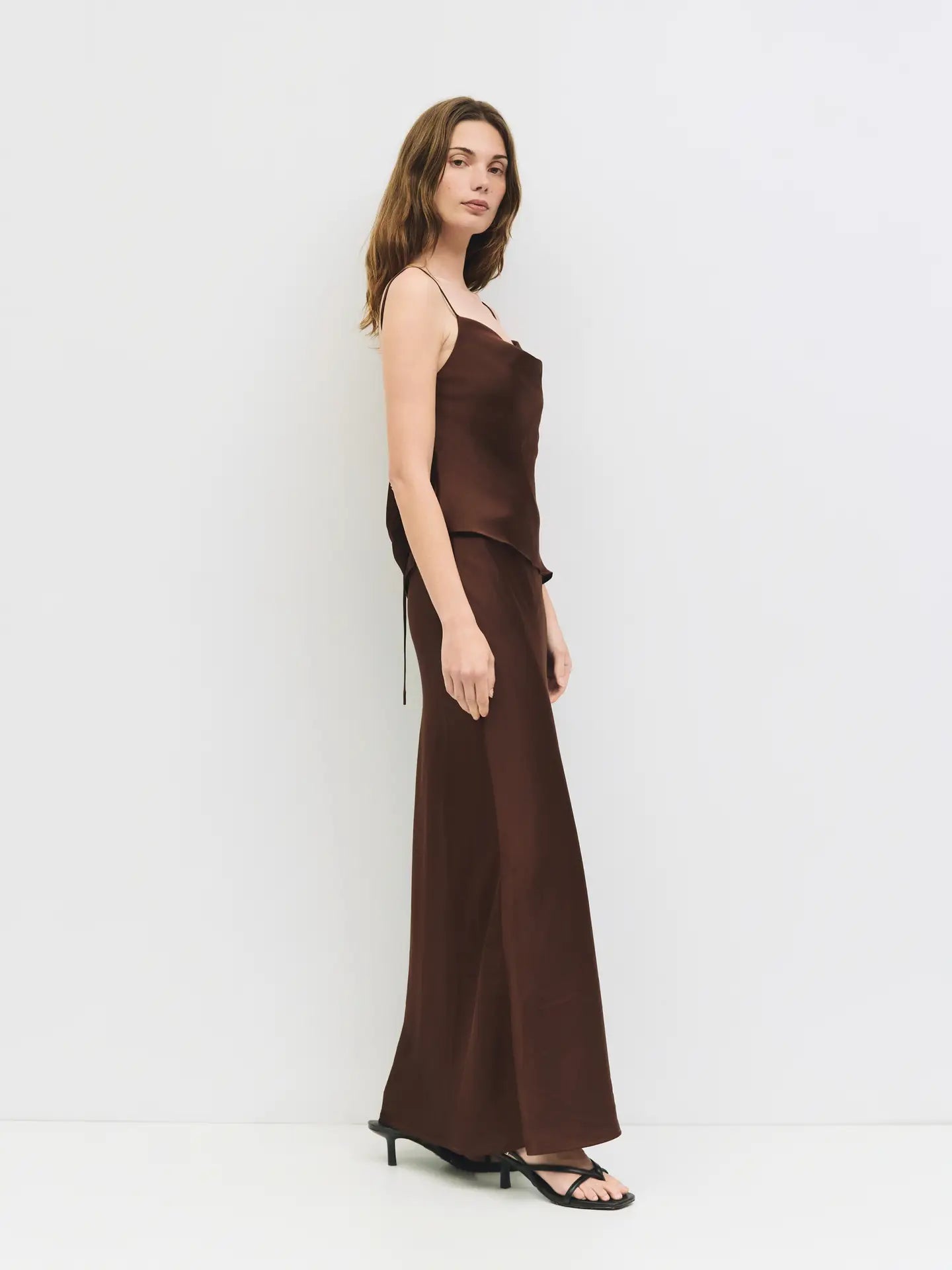 The Elena Satin Maxi Skirt in Mocha
