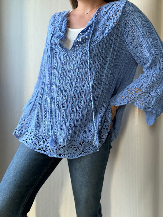 Vintage Crochet boho knit in periwinkle