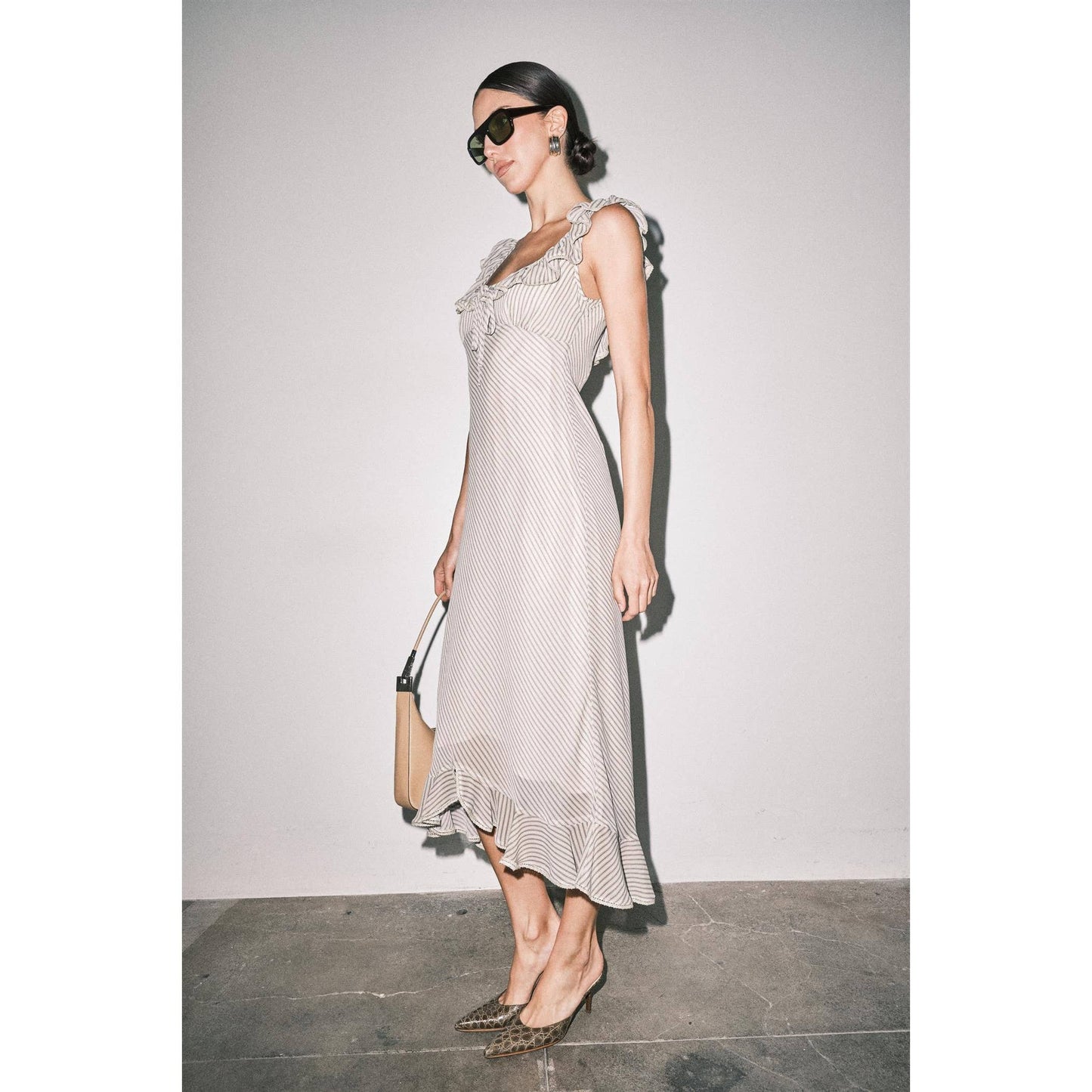Diana Chiffon Ruffle Trim Striped Midi Dress