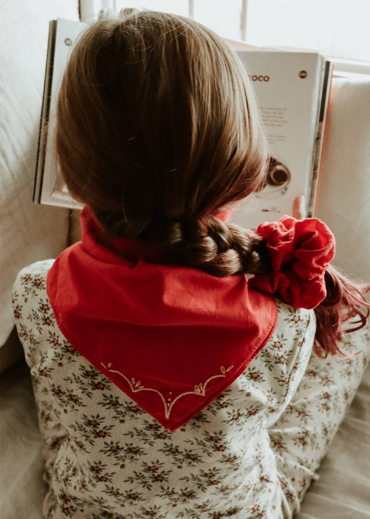 Hand-dyed embroidered retro cotton bandana in crimson red/cream thread