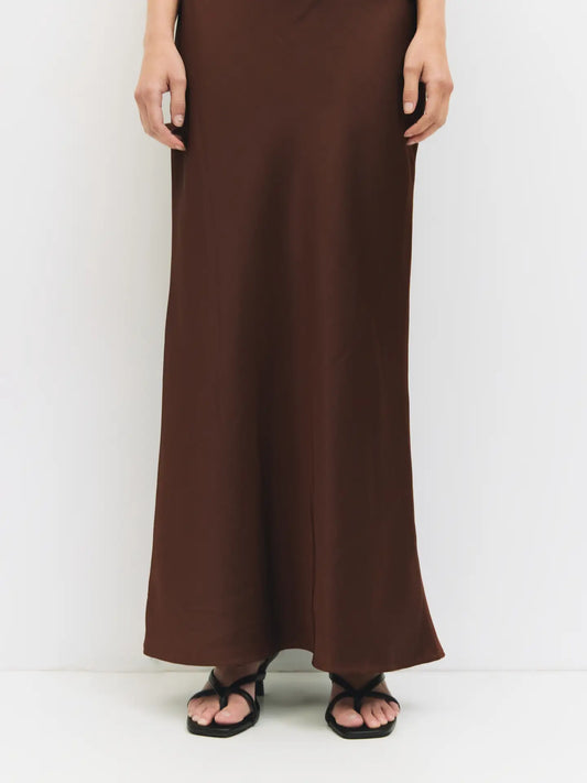 The Elena Satin Maxi Skirt in Mocha