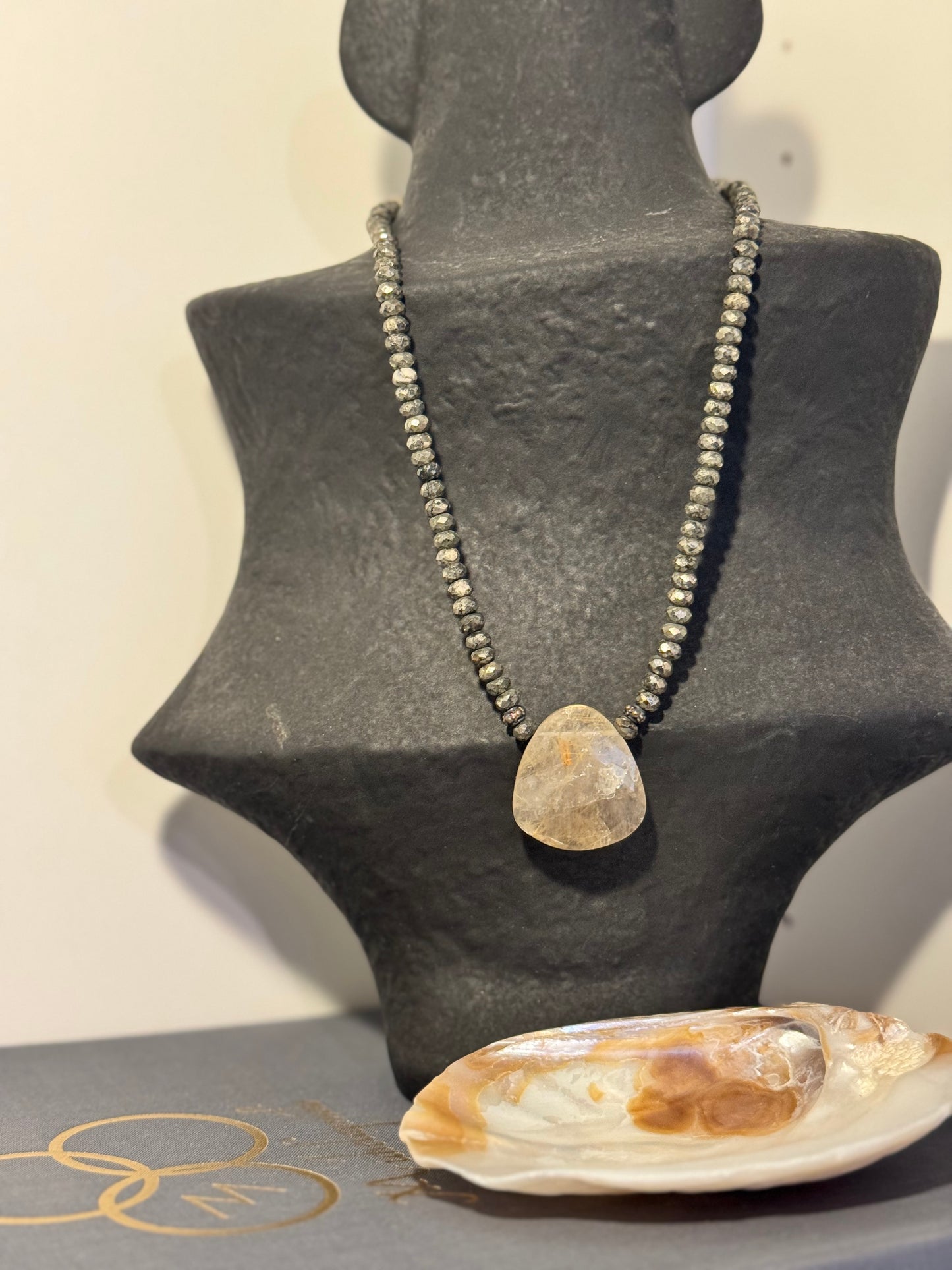 Vintage 925 Sterling Silver Pyrite Rondelle Necklace with Rutilated Quartz Pendant