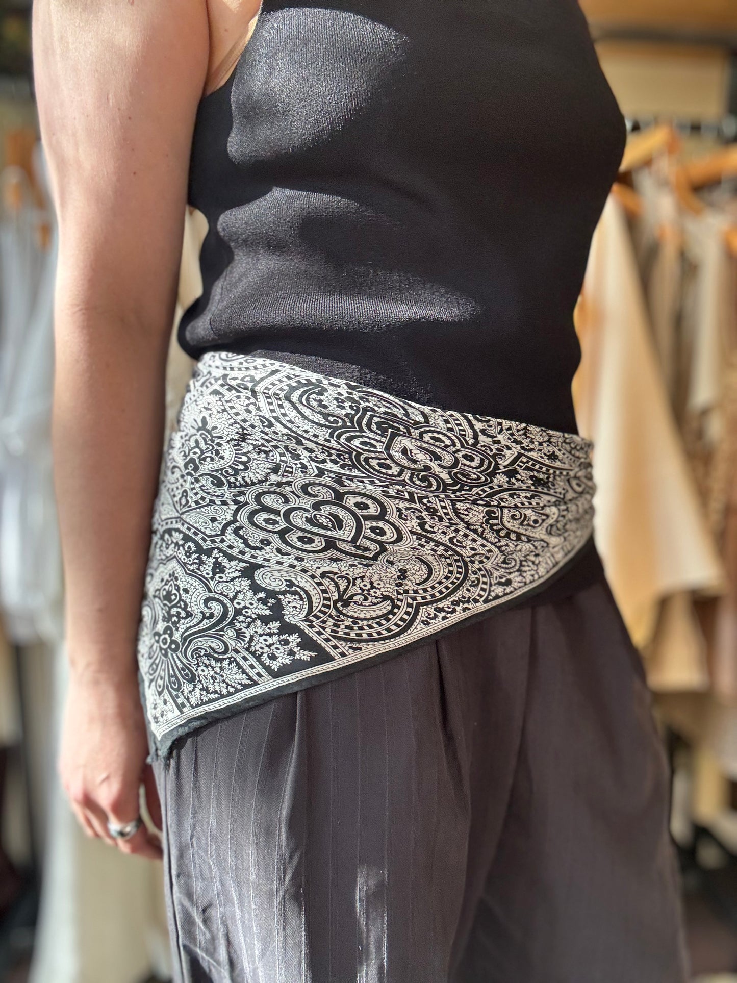 Large Vintage Black & White Silk Paisley Scarf