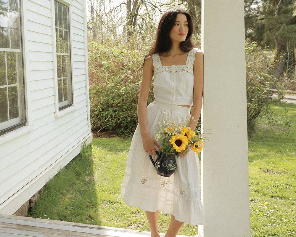 The Camille White Cotton Embroidered Flared Midi Skirt