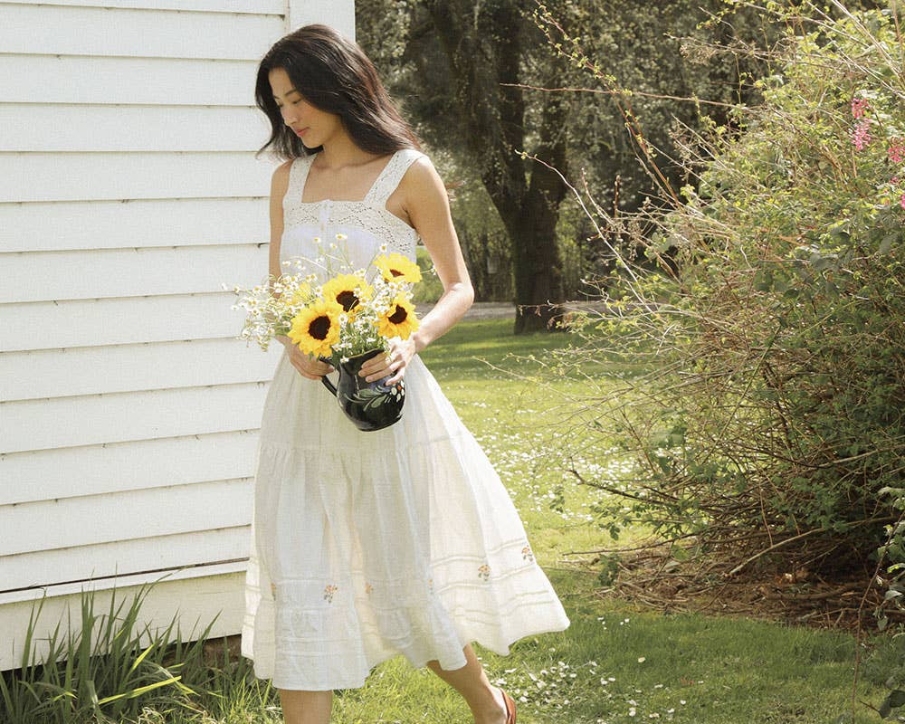 The Camille White Cotton Embroidered Flared Midi Skirt