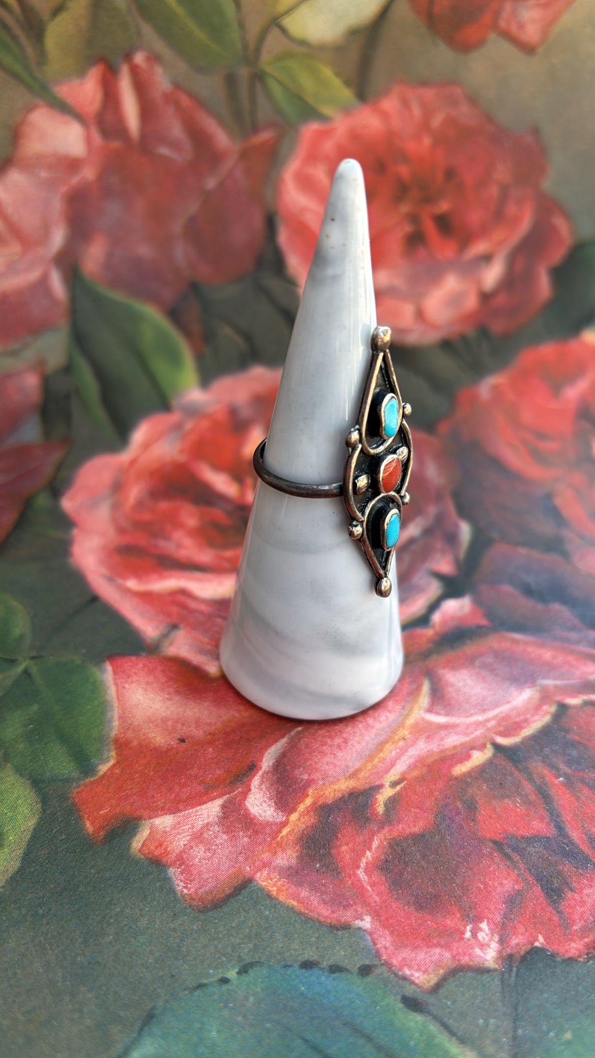 Jill Turquoise & Coral Diamond Navajo Mexican Sterling Ring