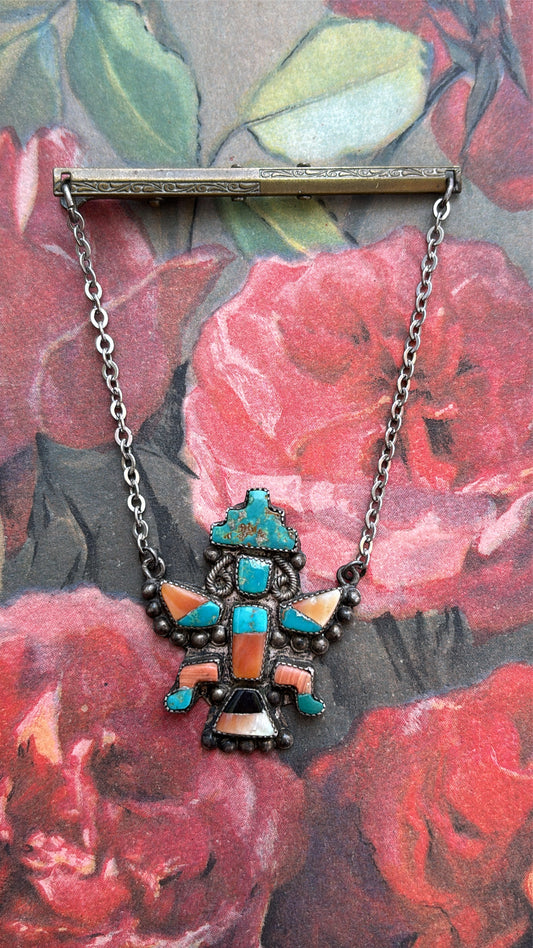 Native American Zuni Torquoise, Coral, Onyx Tie Clip Western Mexican Sterling