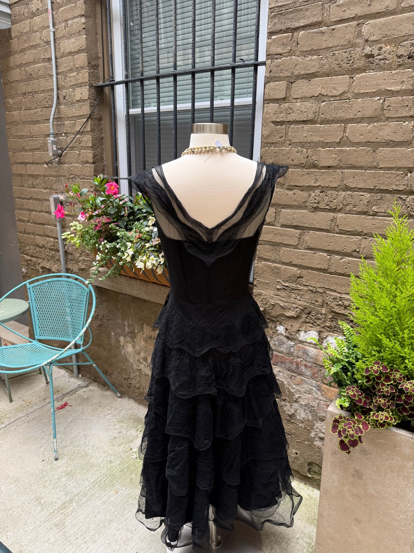 1950s Black Tiered Lace Chiffon Tulle Gown
