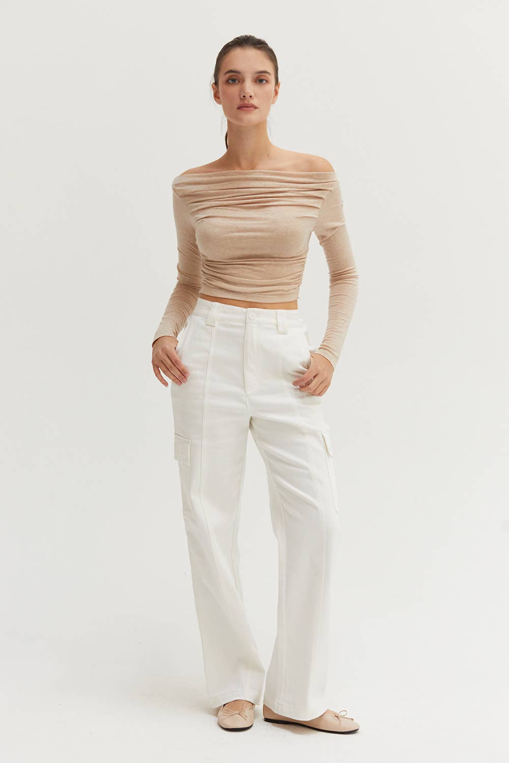 The Lana Ruched Off Shoulder Top in Oatmeal