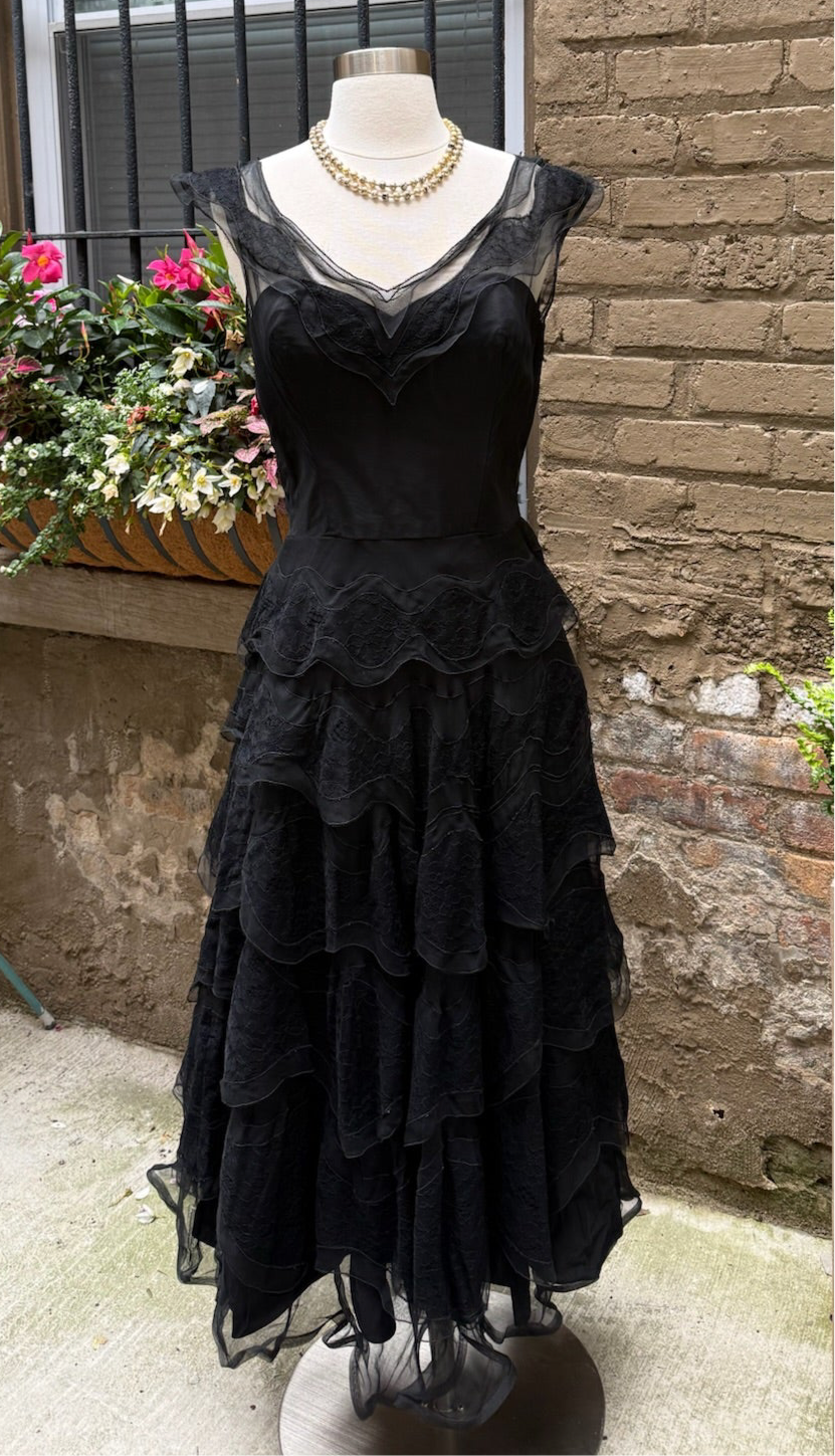 1950s Black Tiered Lace Chiffon Tulle Gown