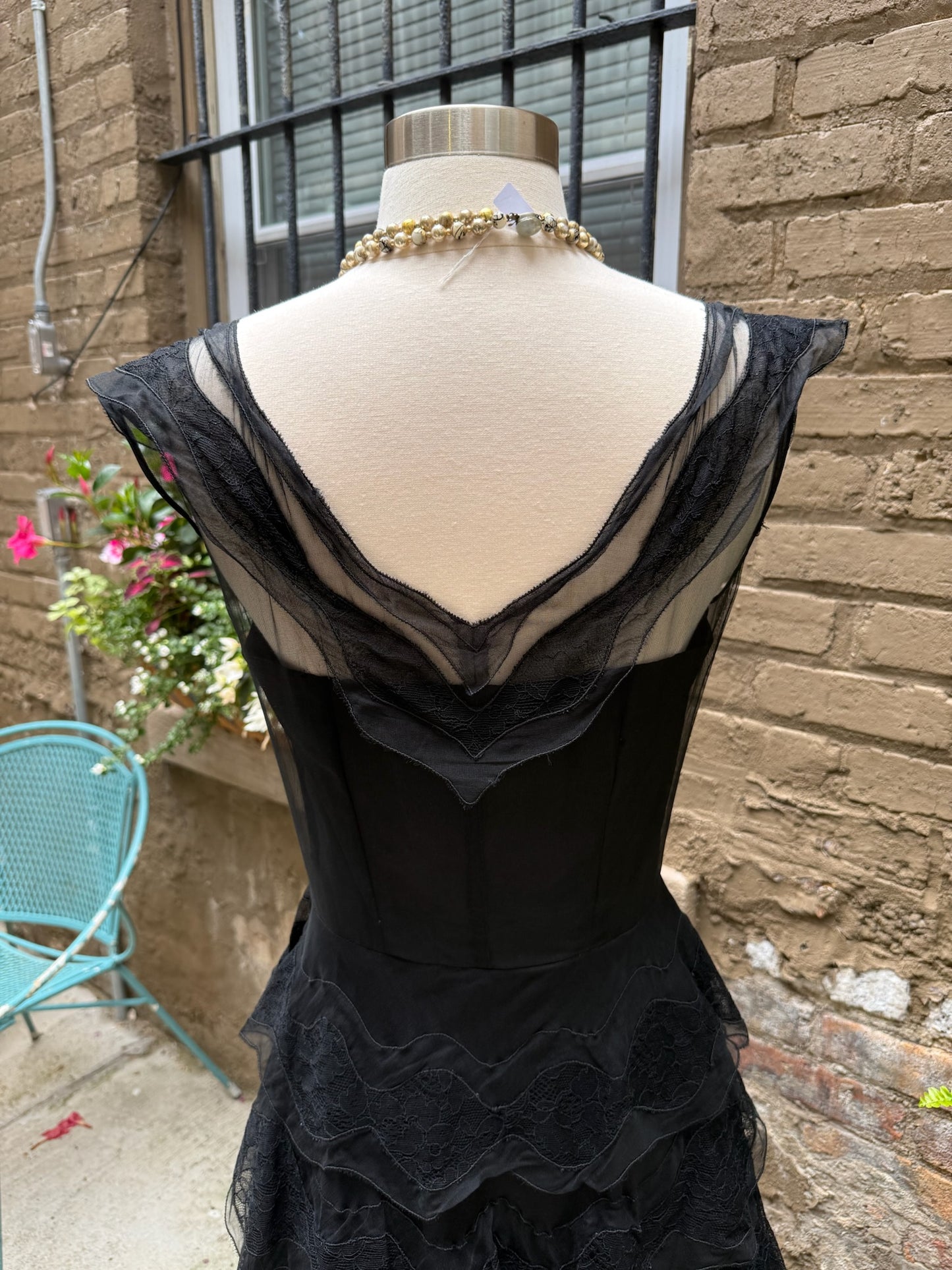 1950s Black Tiered Lace Chiffon Tulle Gown