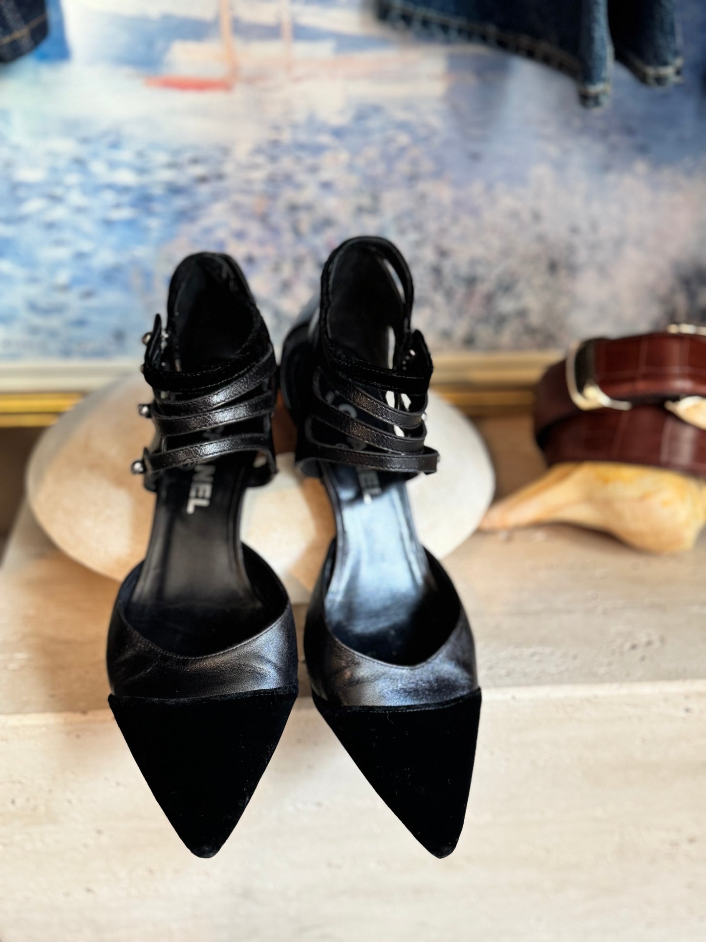 Vintage 2003 Chanel D'Orsay Velvet Cap Toe Heels