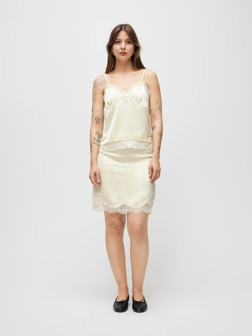 The Sera Satin Lace Tank in Butter Yellow