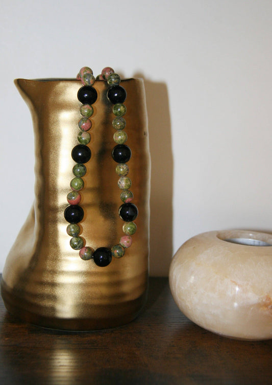 The Rumi Unakite Onyx Beaded Necklace with Gold-Filled Clasp 15"