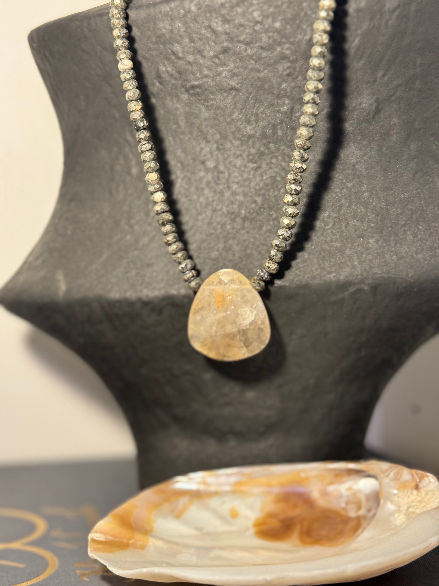 Vintage 925 Sterling Silver Pyrite Rondelle Necklace with Rutilated Quartz Pendant