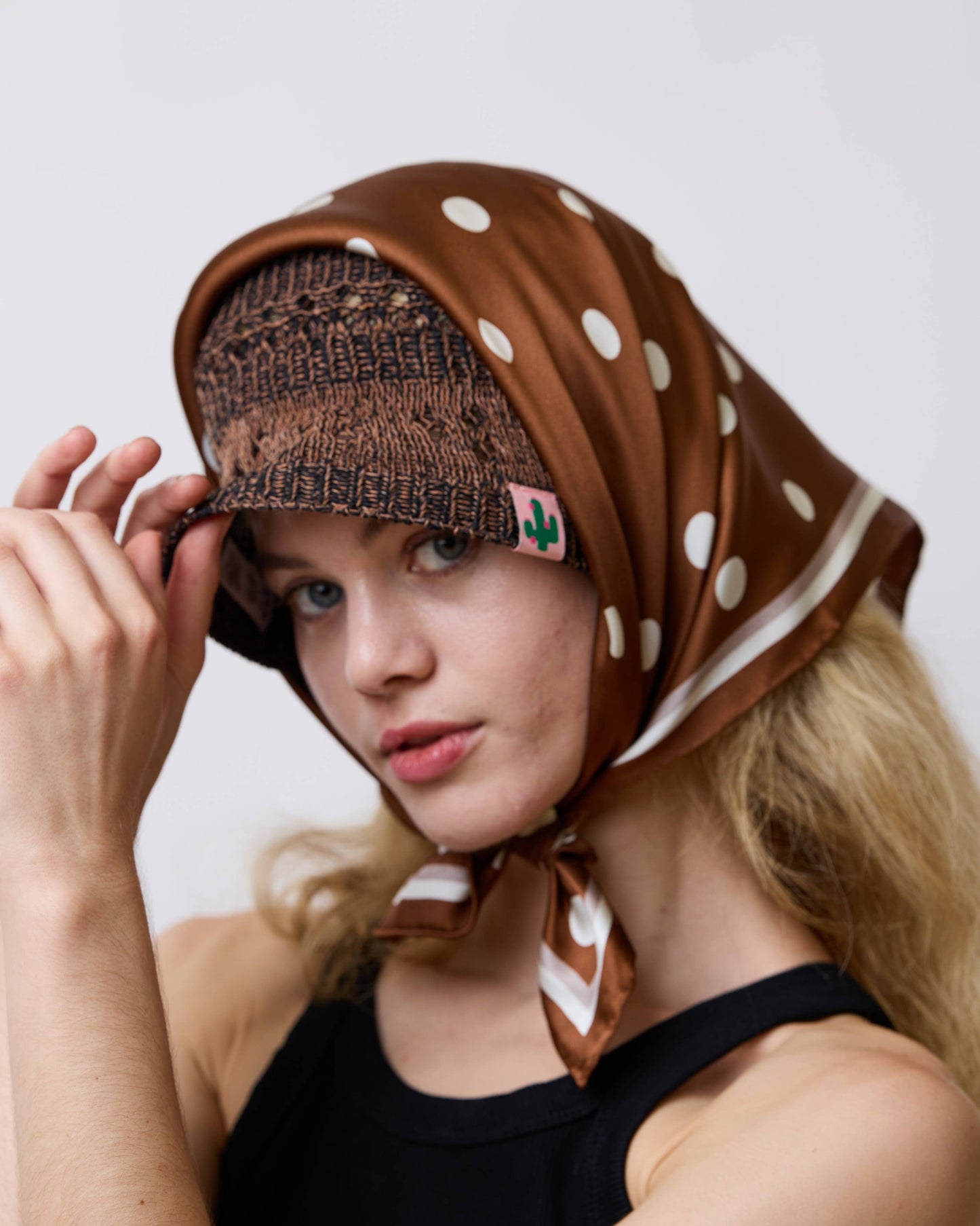 Retro Polka Silk Bandana Scarf in Cafe Au Lait