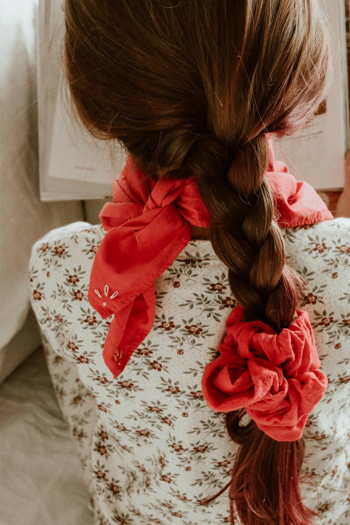 Hand-dyed embroidered retro cotton bandana in crimson red/cream thread